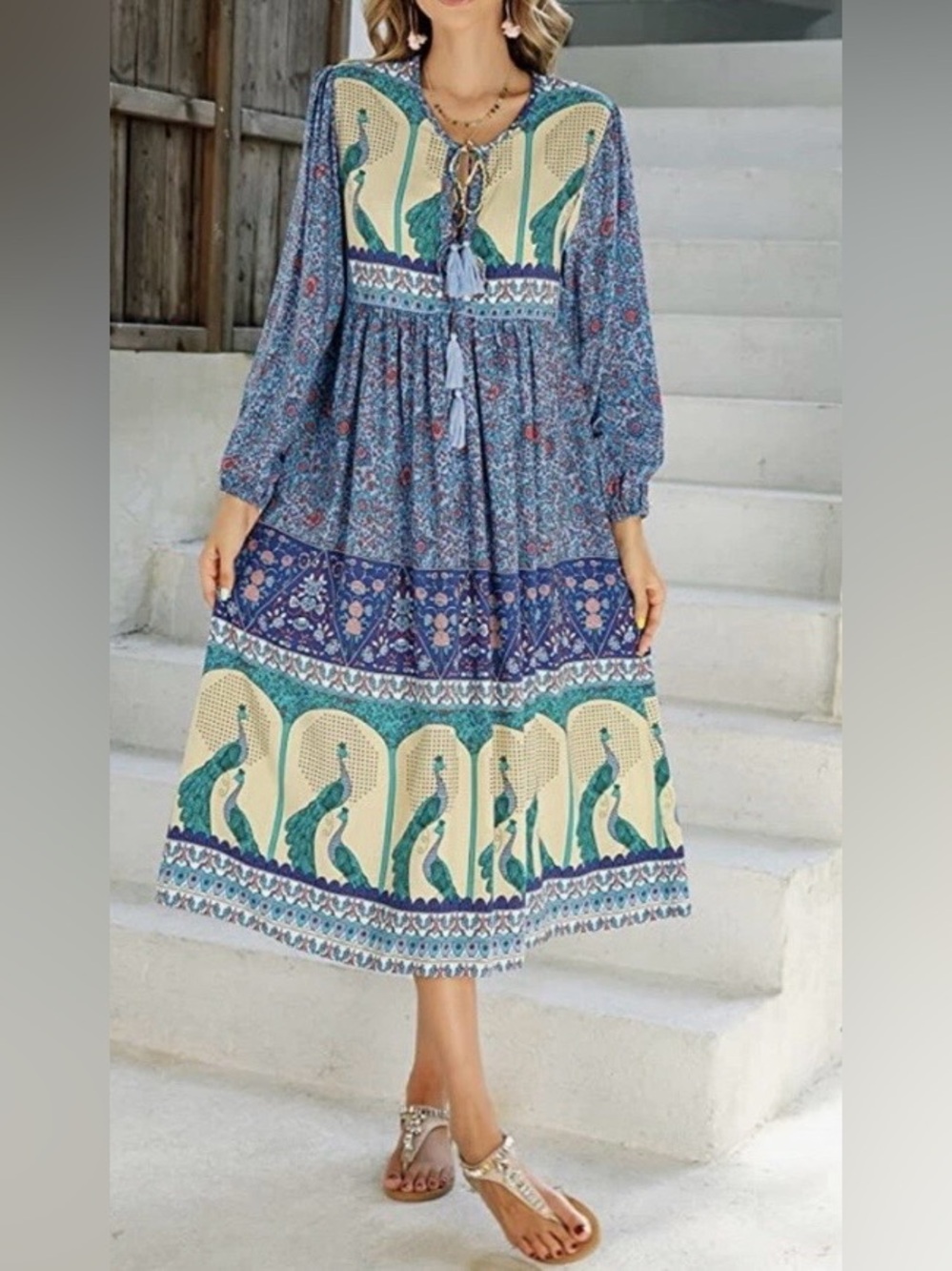 Boho Maxi Dress with Peacock Motif in Blue and Cream Sz M - Picture 2 of 11